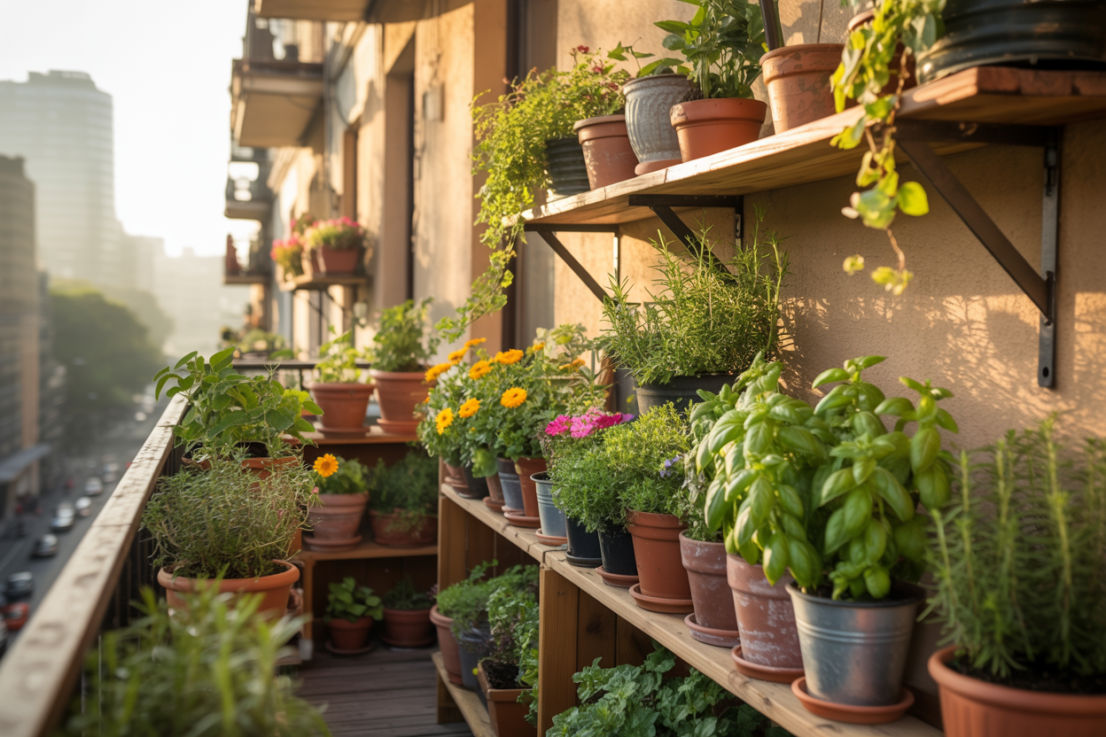 A cozy urban balcony garden with herbs and flowers, showing easy balcony gardening for beginners.