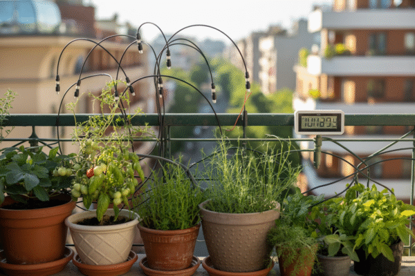 Balcony drip irrigation kit watering multiple potted vegetables