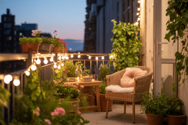 Balcony garden at night with string lights and potted plants.
