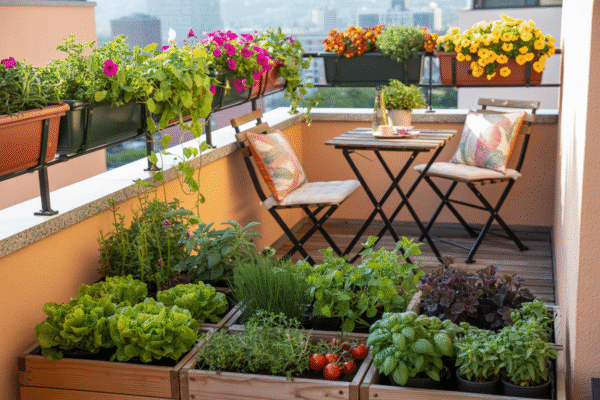 Balcony garden divided into food, flower, and seating zones.