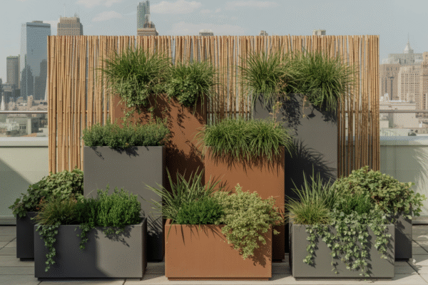 Balcony garden with bamboo screen windbreak protecting plants from strong gusts