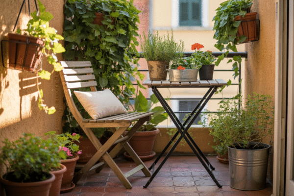Balcony garden with folding chair, bistro table, and plants.