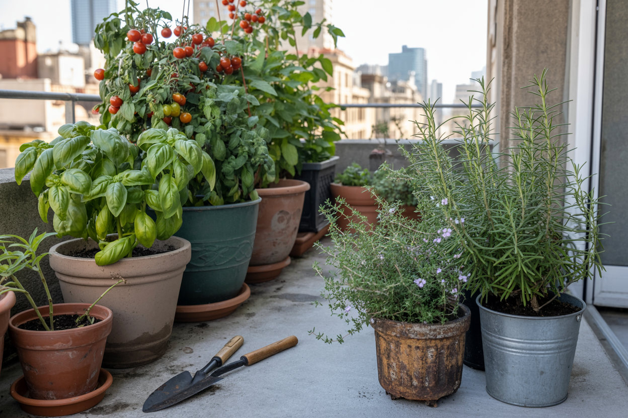 Balcony garden with plants grouped by watering needs, separating thirsty crops from hardy herbs. How to Keep Your Balcony Plants Healthy When You’re Busy or Traveling