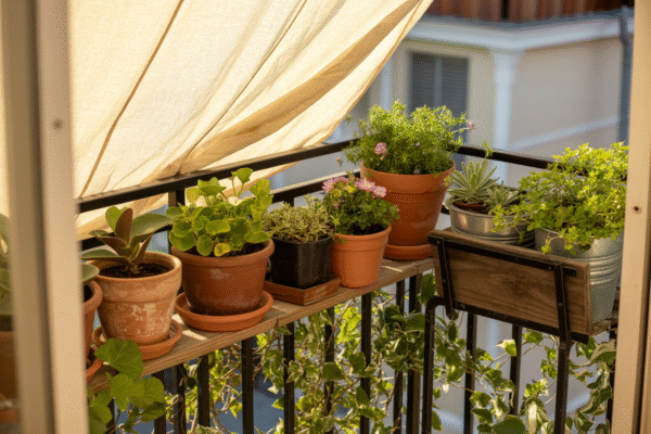 Balcony garden with pots in both shade and sunlight, showing plant light management