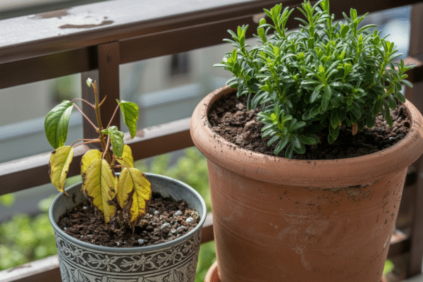 Balcony plants in small metal and terracotta containers, highlighting poor container choices which is a Common Balcony Gardening Mistakes