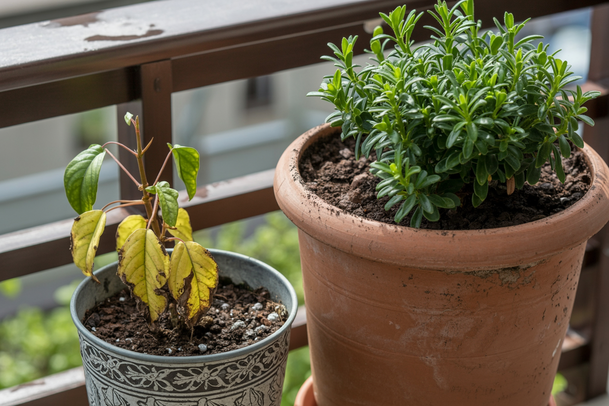 Balcony plants in small metal and terracotta containers, highlighting poor container choices which is a Common Balcony Gardening Mistakes