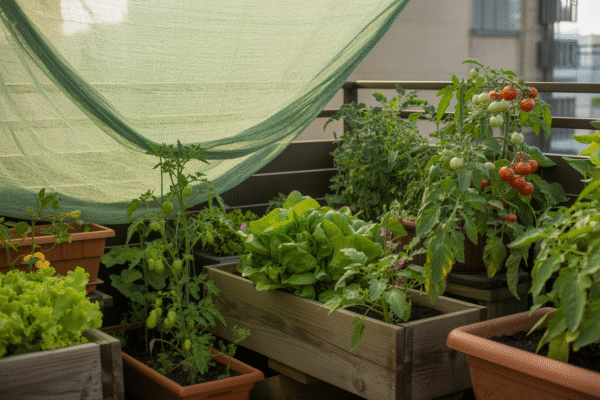 Balcony plants shaded with cloth to reduce sun stress