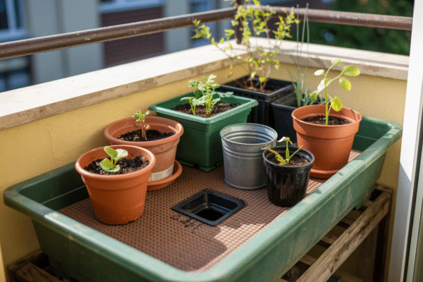 Balcony pots placed on capillary matting absorbing water