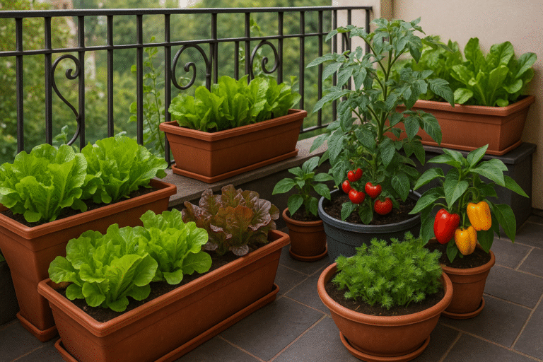 Balcony vegetable garden with containers of lettuce, cherry tomatoes, and bell peppers on an apartment balcony
