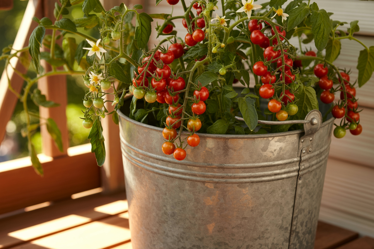 Cherry tomato plant growing in an upcycled tin bucket planter on a balcony. Eco-Friendly Container Gardening