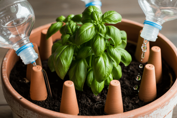 Clay watering spikes in a basil plant pot slowly releasing water