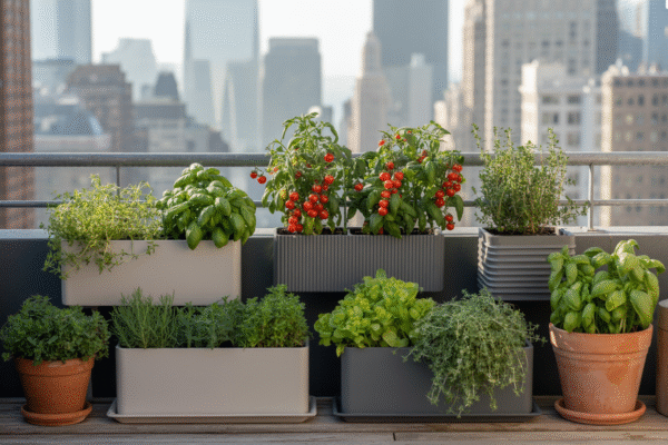 Compact container-friendly plants growing in an organized balcony garden