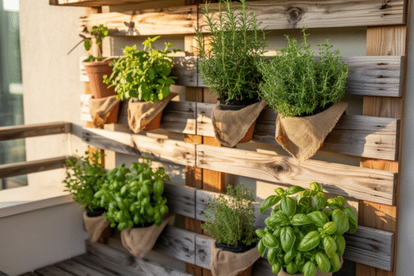 DIY vertical herb garden made from a recycled wooden pallet on a balcony wall.