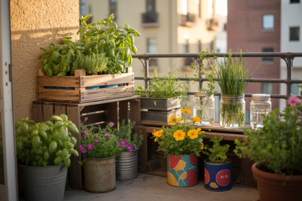 Eco-friendly balcony garden using recycled containers like wooden crates, jars, and tins