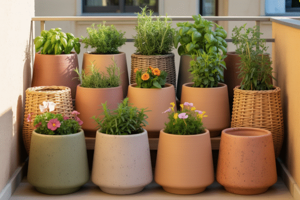 Eco-friendly balcony planters made of terracotta, bamboo, and recycled resin.