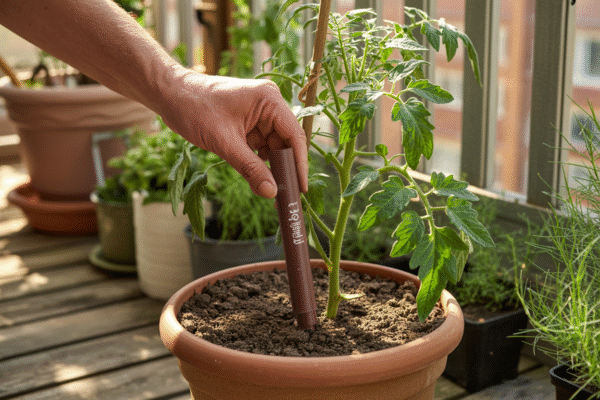 Fertilizer spikes being inserted into the soil of a tomato plant in a balcony container