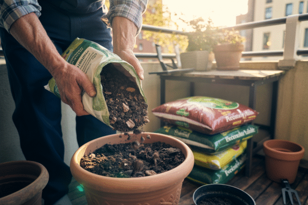 Gardener filling a balcony container with rich potting mix and compost