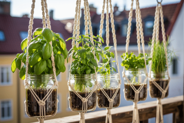 Glass jars repurposed as hanging balcony planters with fresh herbs.