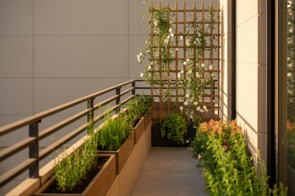 Long narrow balcony garden with railing planters and trellis.