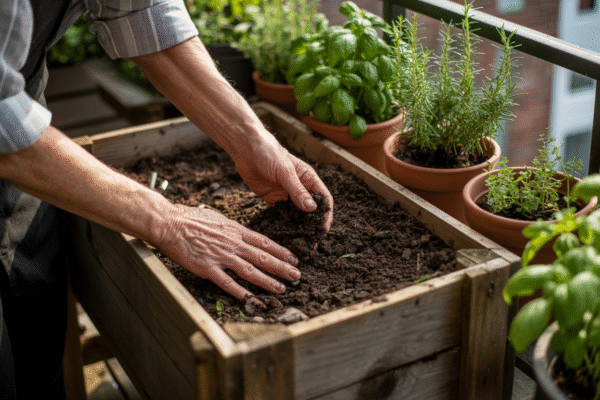 Mixing organic compost into potting soil for sustainable balcony gardening.