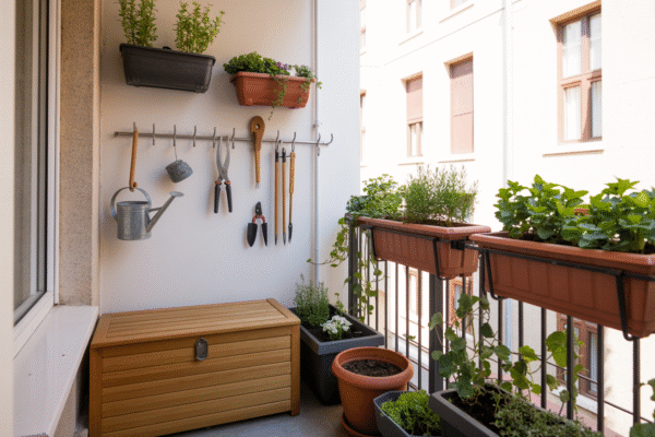 Organized balcony garden with storage bench and hanging tools.