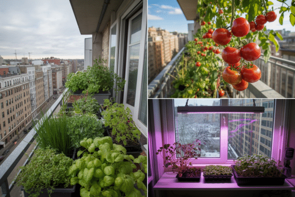 Seasonal balcony gardening with crops rotated across spring, summer, and winter