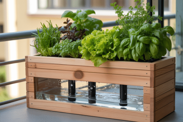 Self-watering balcony planter filled with lettuce and herbs