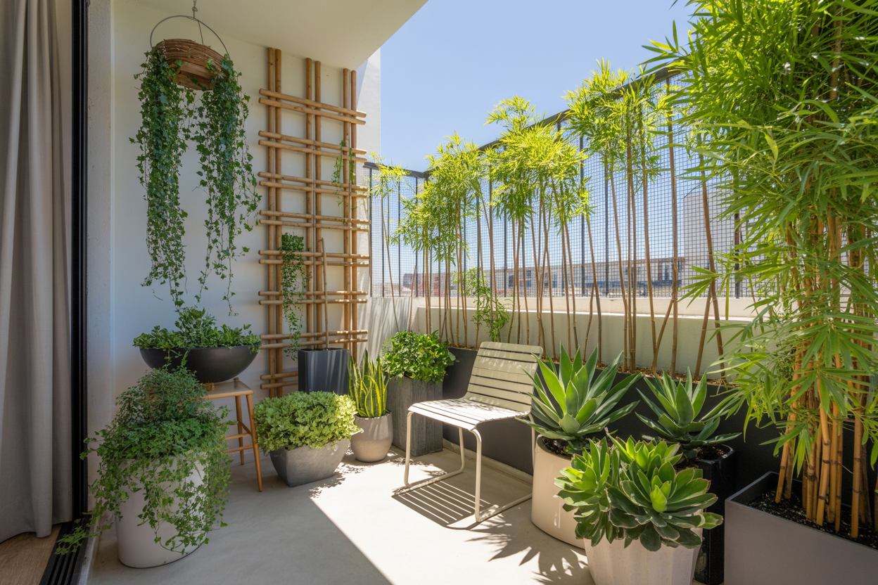 Small-apartment-balcony-with-garden-layout-including-pots-trellis-and-chair.-balcony-garden-layout-ideas-small-apartments.