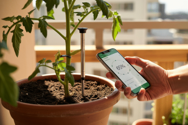 Soil moisture sensor checking balcony plant water levels via smartphone