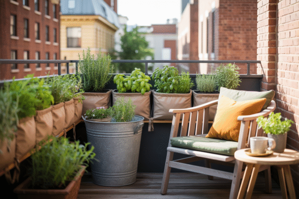 Sustainable balcony garden with rainwater collection and fabric grow bags