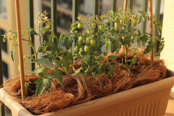 Tomato container with coconut husk mulch to retain soil moisture