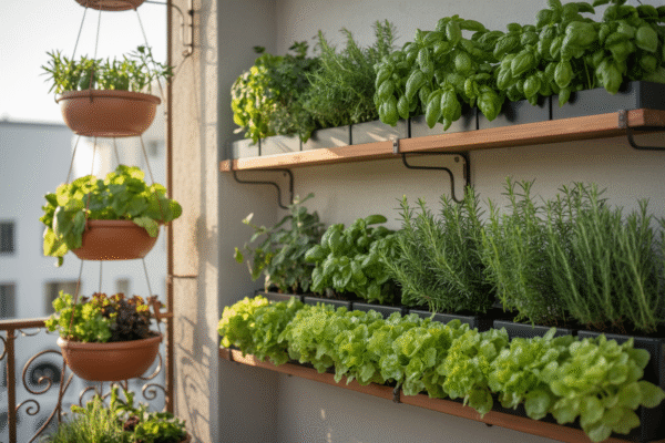 Vertical balcony garden with shelves and hanging planters.