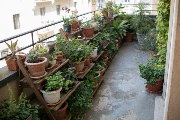 Wide shallow balcony garden with tiered plant stand and clustered pots.