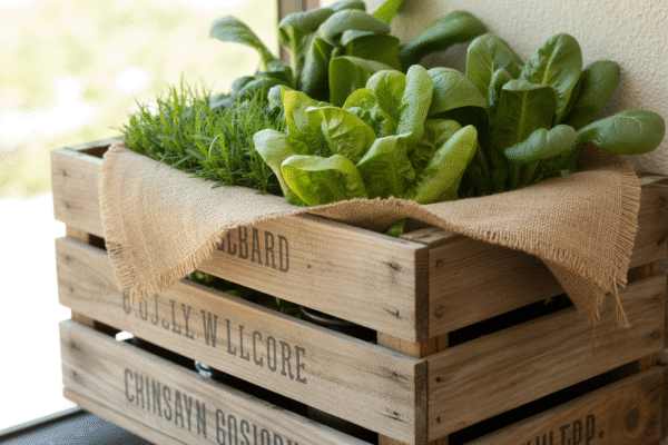 Wooden crate repurposed as an eco-friendly balcony planter with leafy greens