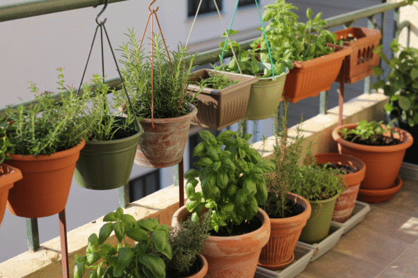 Different types of pots and planters arranged on a balcony, showing container options for small-space gardening.