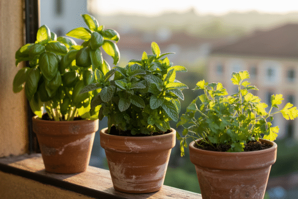 Close-up of basil, mint, and parsley growing in terracotta pots on a sunny balcony.