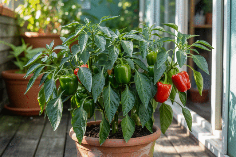 Potted balcony plant with green and red bell peppers.