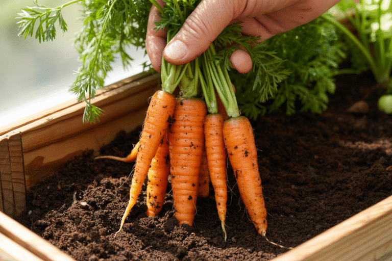 Hand harvesting baby carrots from a balcony container.