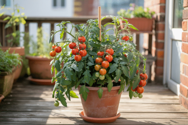Balcony container with cherry tomatoes ripening on the vine.