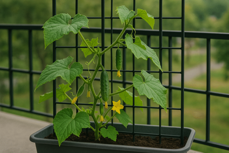 Balcony cucumber plant climbing trellis in container.