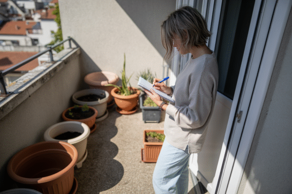 Beginner gardener observing sunlight patterns on a small apartment balcony to plan container placement