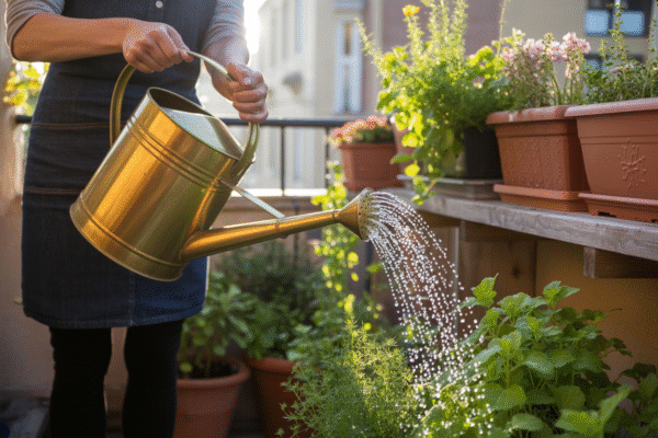 Person watering balcony plants with a metal watering can during morning sunlight.