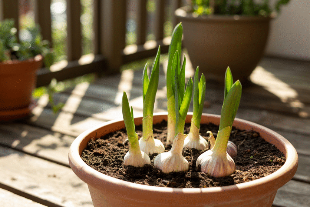 Garlic cloves sprouting tall shoots in a balcony pot.