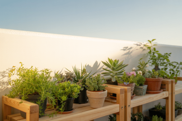Balcony plants thriving under bright sunlight, arranged neatly on a vertical wooden rack.