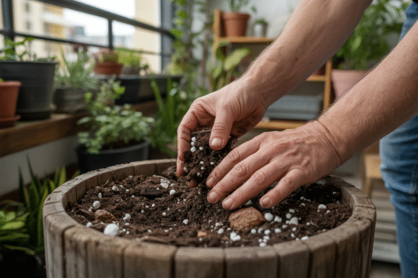 Hands mixing organic compost and soil for balcony garden planters, beginner-friendly gardening tip.