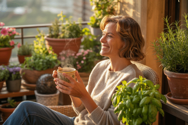 Smiling person sitting on balcony surrounded by green plants, enjoying the calm of their mini garden.