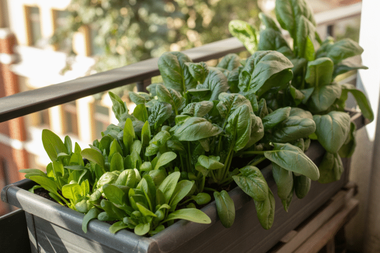 Balcony planter filled with fresh spinach leaves.