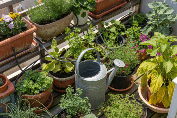 Balcony garden showing plants in containers and irrigation tools during hot weather