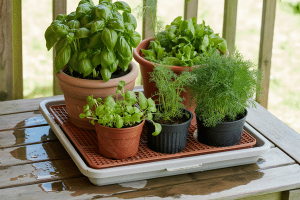Balcony plants on a capillary watering mat drawing water from below.