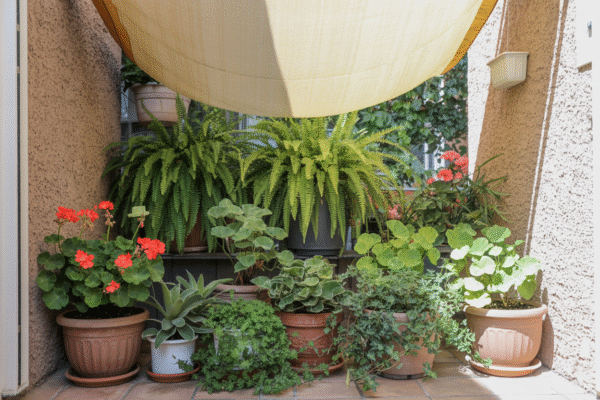 Grouped balcony plants under shade cloth to reduce water loss.